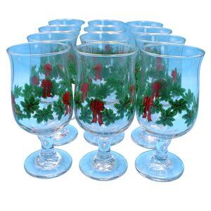 12 Libby Christmas Holiday Holly Berry Red Ribbon Bow Gold Glass Wine Goblets